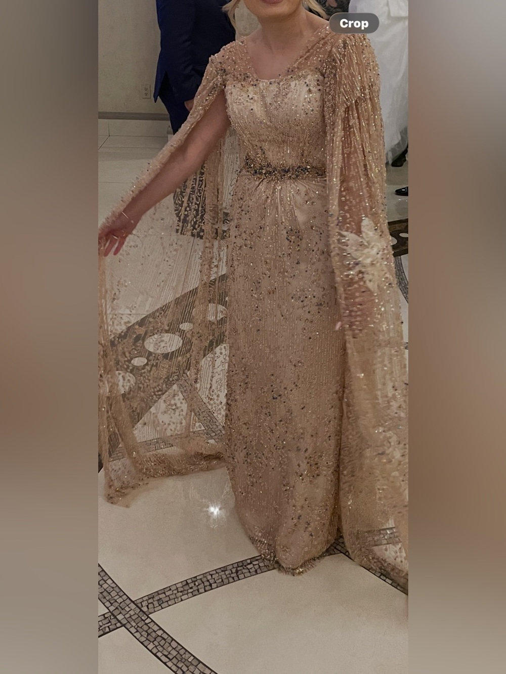 Beaded Champagne Evening Gown with Sheer Cape
